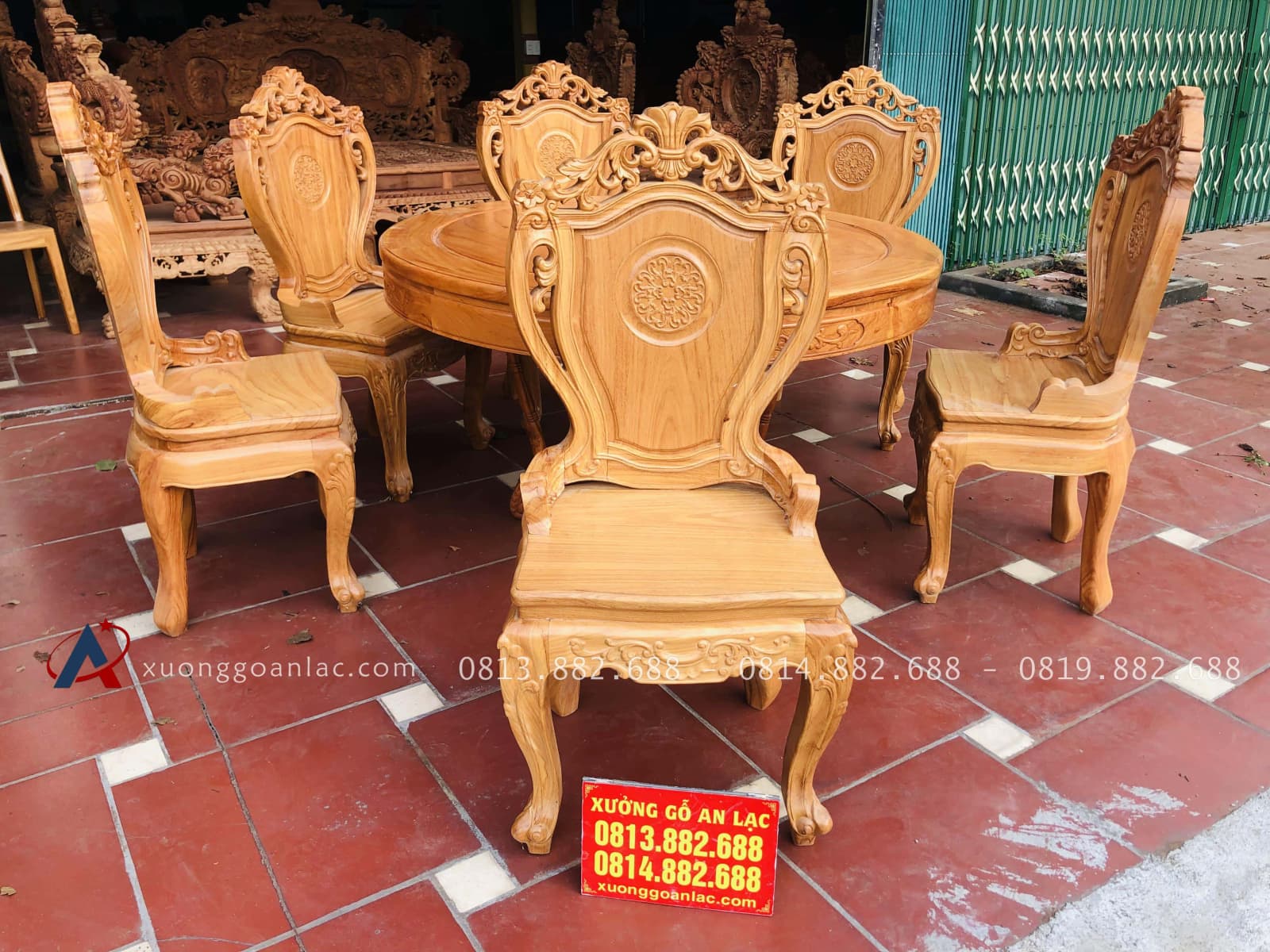 Bộ bàn ăn tròn 1m17 với 6 ghế louis có tay gỗ gõ đỏ (Anh Tiến, Tây Ninh) 6 bộ bàn ăn 6 ghế gõ gõ đỏ tự nhiên cao cấp của xưởng gỗ an Lạc