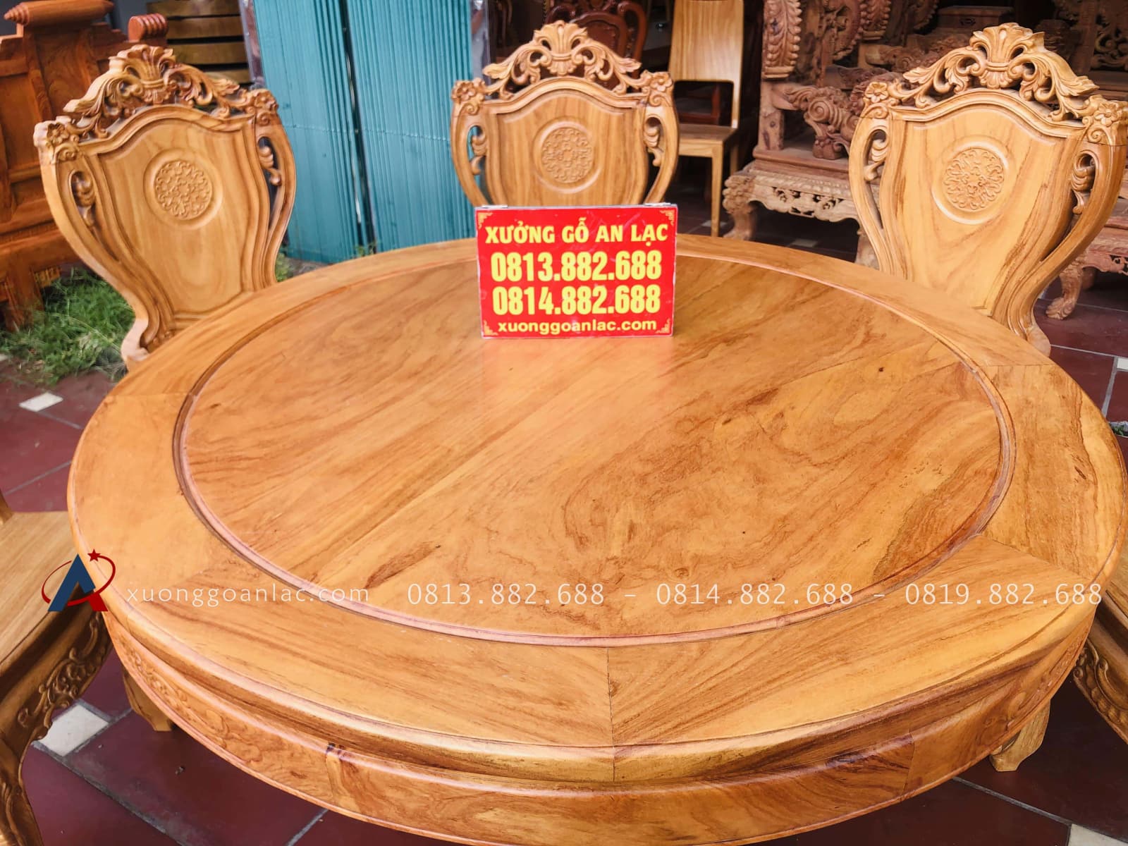 Bộ bàn ăn tròn 1m17 với 6 ghế louis có tay gỗ gõ đỏ (Anh Tiến, Tây Ninh) 3 mặt bàn tròn gỗ gõ đỏ cao cấp
