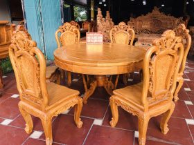 Bộ bàn ăn tròn 1m37 gỗ gõ đỏ 6 ghế hồng hạt đục hai mặt (Anh Thái, Ninh Bình)
