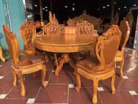 Bàn ăn tròn 1m37 vs 6 ghế louis bọc đệm mẫu có tay gỗ gõ đỏ