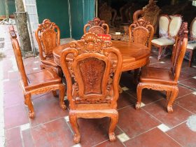Bộ bàn ăn tròn 1m17 với 6 ghế hồng hạt đục hai mặt gỗ hương đá cao cấp 13 bàn ghế ăn gỗ hương đá cao cấp