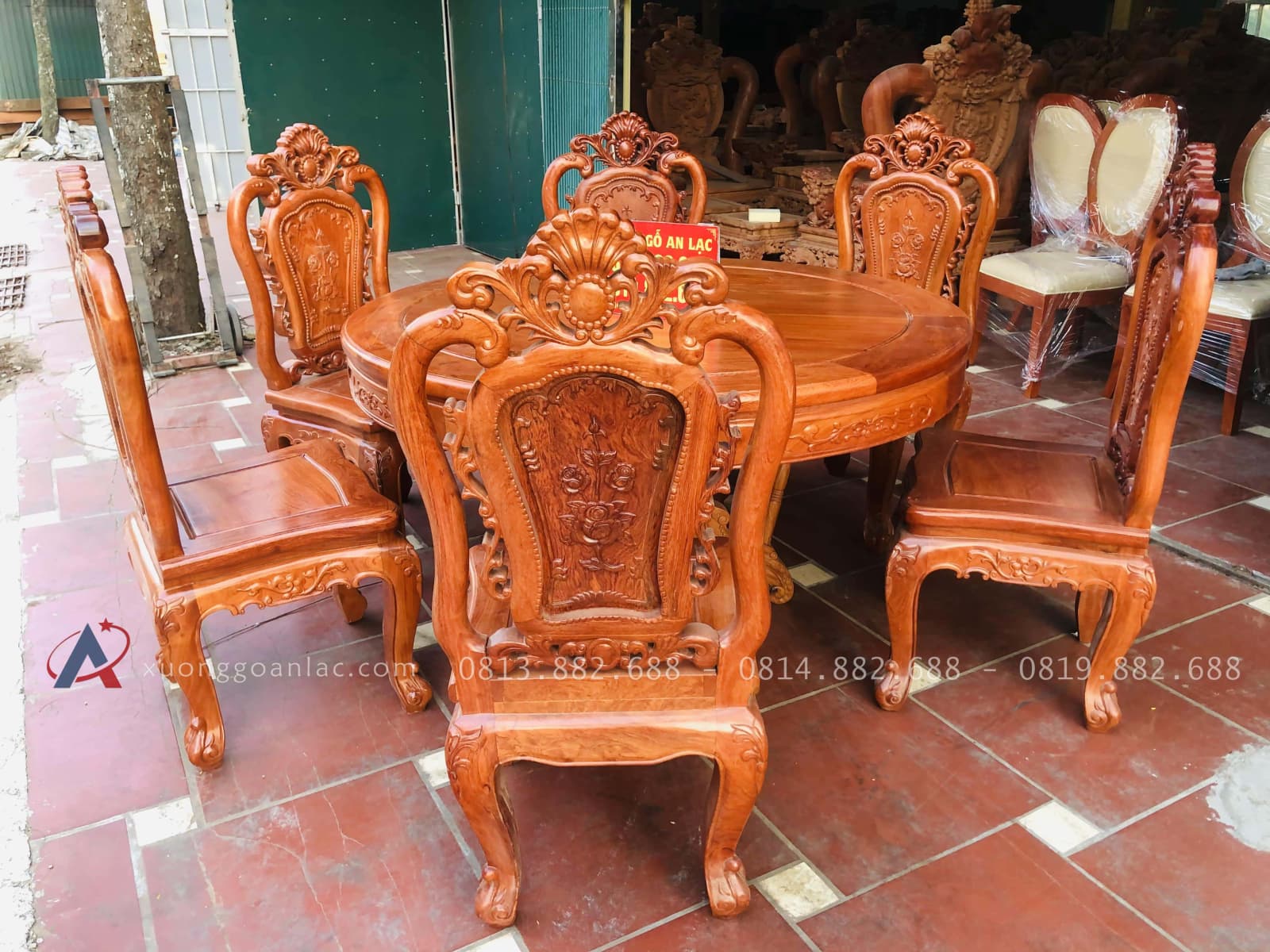 Bộ bàn ăn tròn 1m17 với 6 ghế hồng hạt đục hai mặt gỗ hương đá cao cấp 23 bàn ghế ăn gỗ hương đá cao cấp vip