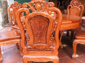 Bộ bàn ăn tròn 1m17 với 6 ghế hồng hạt đục hai mặt gỗ hương đá cao cấp 15 ghế ăn hồng hạt đục hai mặt gõ hương đá tự nhiên cao cấp