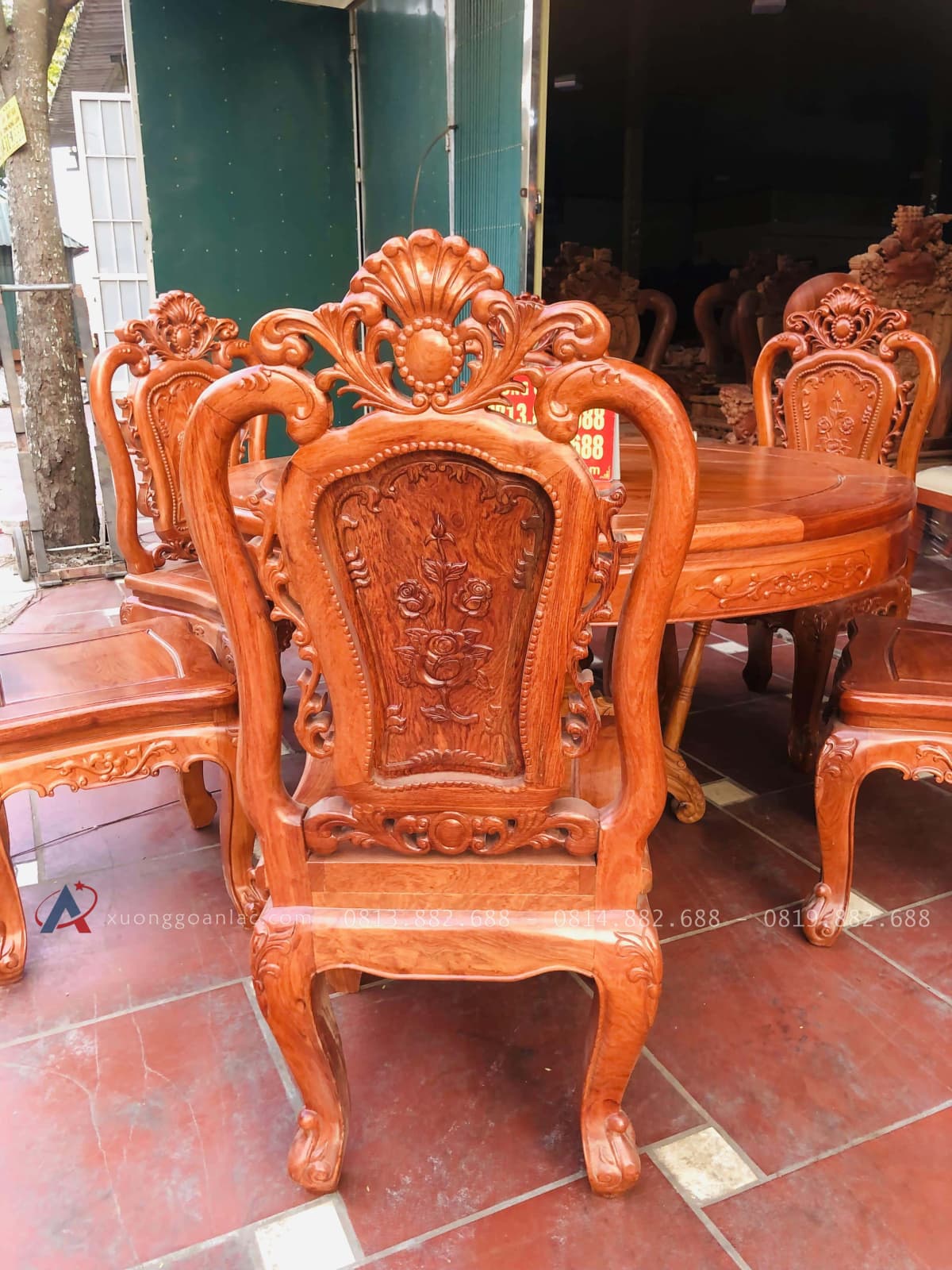 Bộ bàn ăn tròn 1m17 với 6 ghế hồng hạt đục hai mặt gỗ hương đá cao cấp 22 ghế ăn hồng hạt đục hai mặt gõ hương đá tự nhiên cao cấp