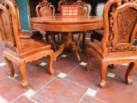 Bộ bàn ăn tròn 1m17 với 6 ghế hồng hạt đục hai mặt gỗ hương đá cao cấp 12 bàn tròn chân trụ chắc chắn
