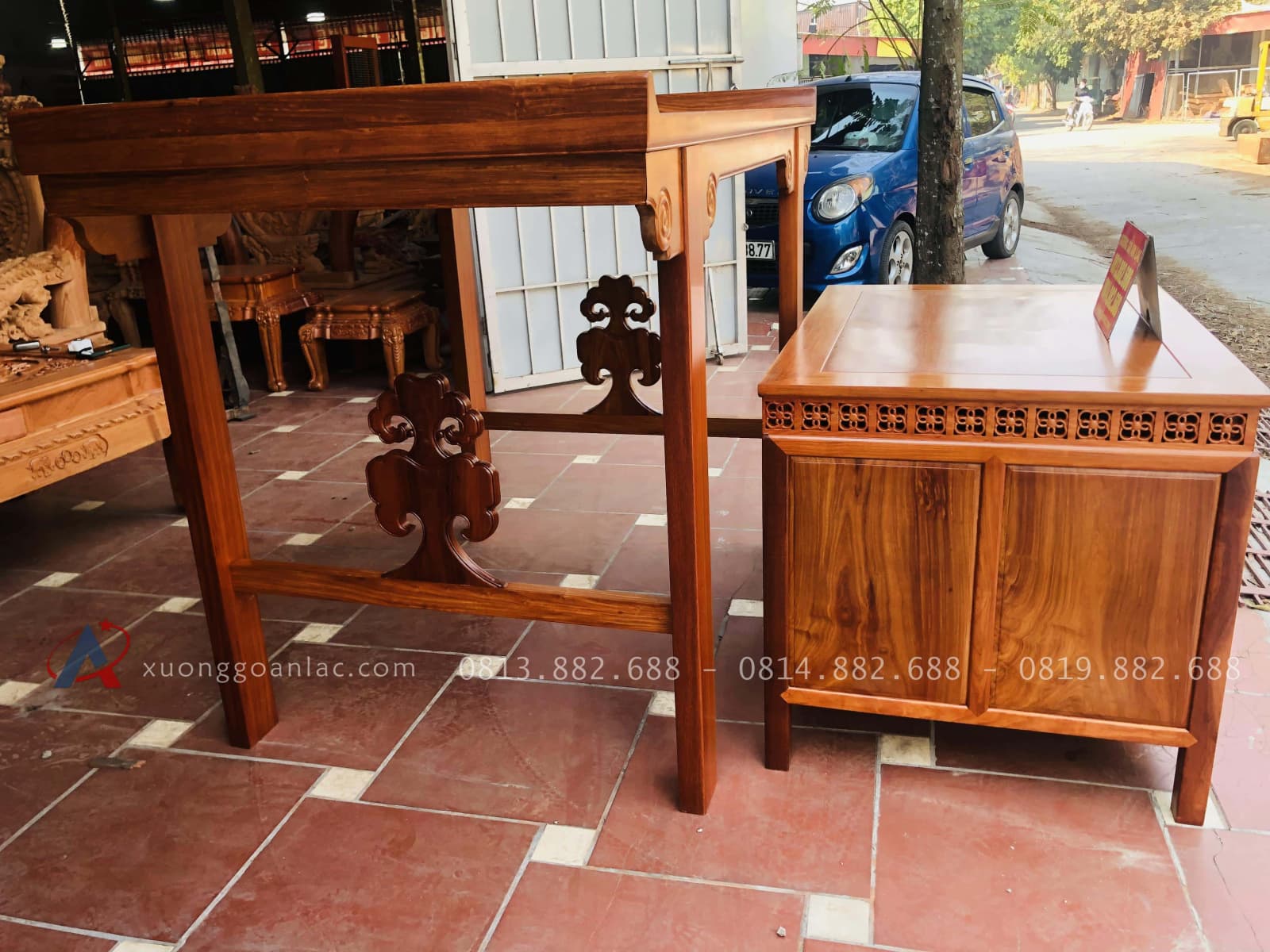 Combo ban thờ án gian và bàn cơm gỗ hương đỏ Lào siêu VIP 48 bàn thờ án gian