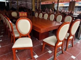 Bộ bàn ăn nguyên khối siêu khủng và 16 ghế ăn giọt lệ (Anh Quảng, Thái Bình) 30 Ghế ăn mẫu giọt lệ gỗ gõ đỏ bọc đệm da bò nhập khẩu
