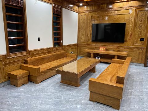 Combo bộ sofa và một kệ tivi nguyên khối gỗ gõ đỏ (anh Quảng, Thái Bình)