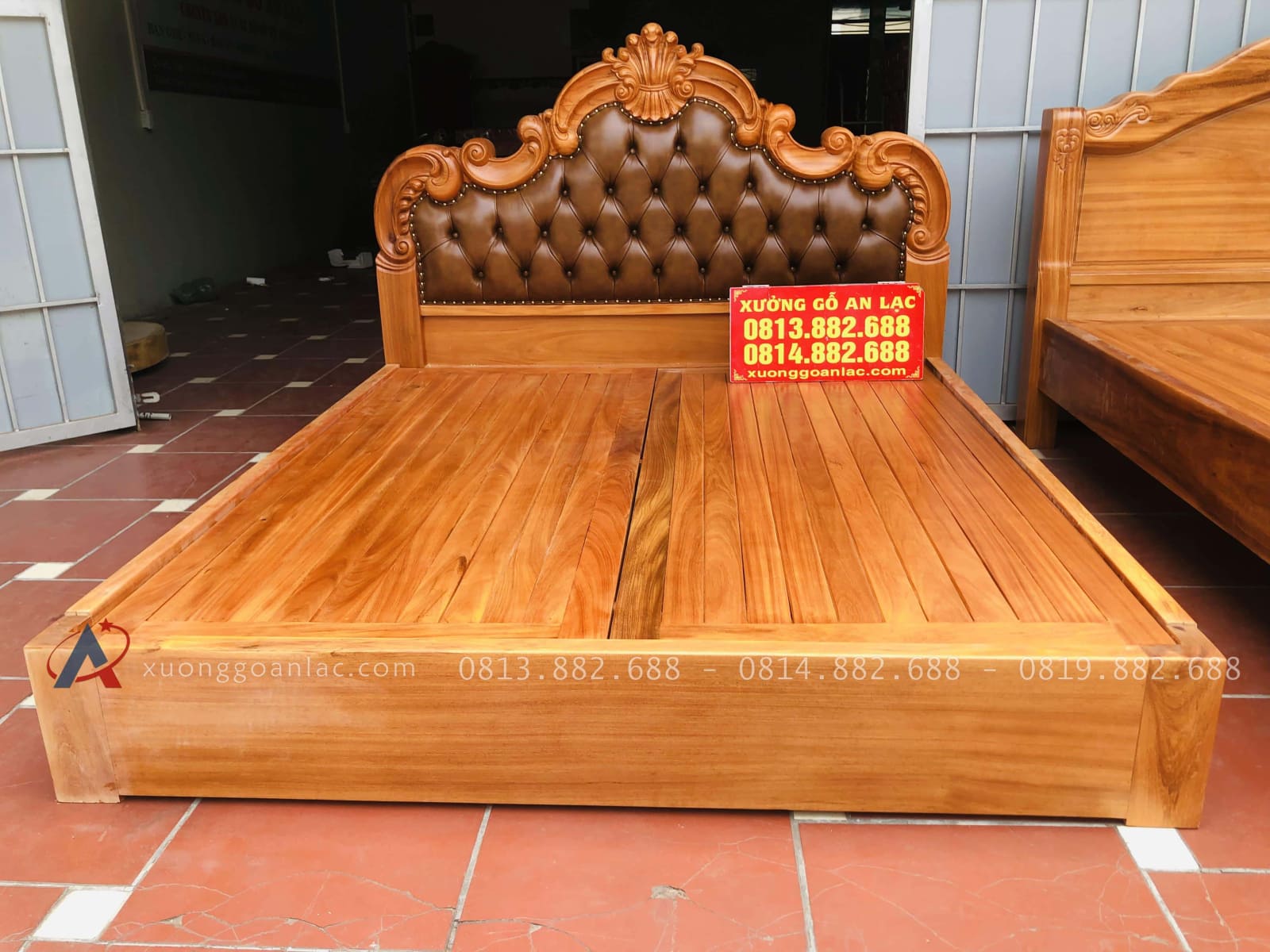 Giường ba khúc lan tây bọc da gõ đỏ 180x200cm 18 Giường ngủ cao cấp gỗ gõ đỏ 1m8x2m đầu giường bọc da bò nhập khẩu Italia