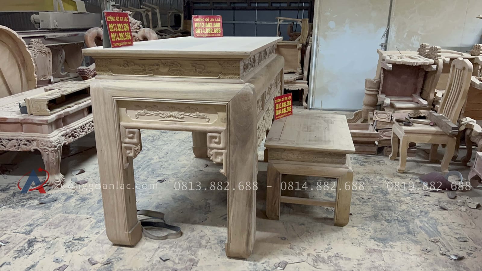 Nguyên mộc Bộ án gian thờ ngũ phúc dài (187 x sâu 97 x cao 127cm) giao Phú Thọ 46 combo án gian và bàn cơm gỗ gụ Lào