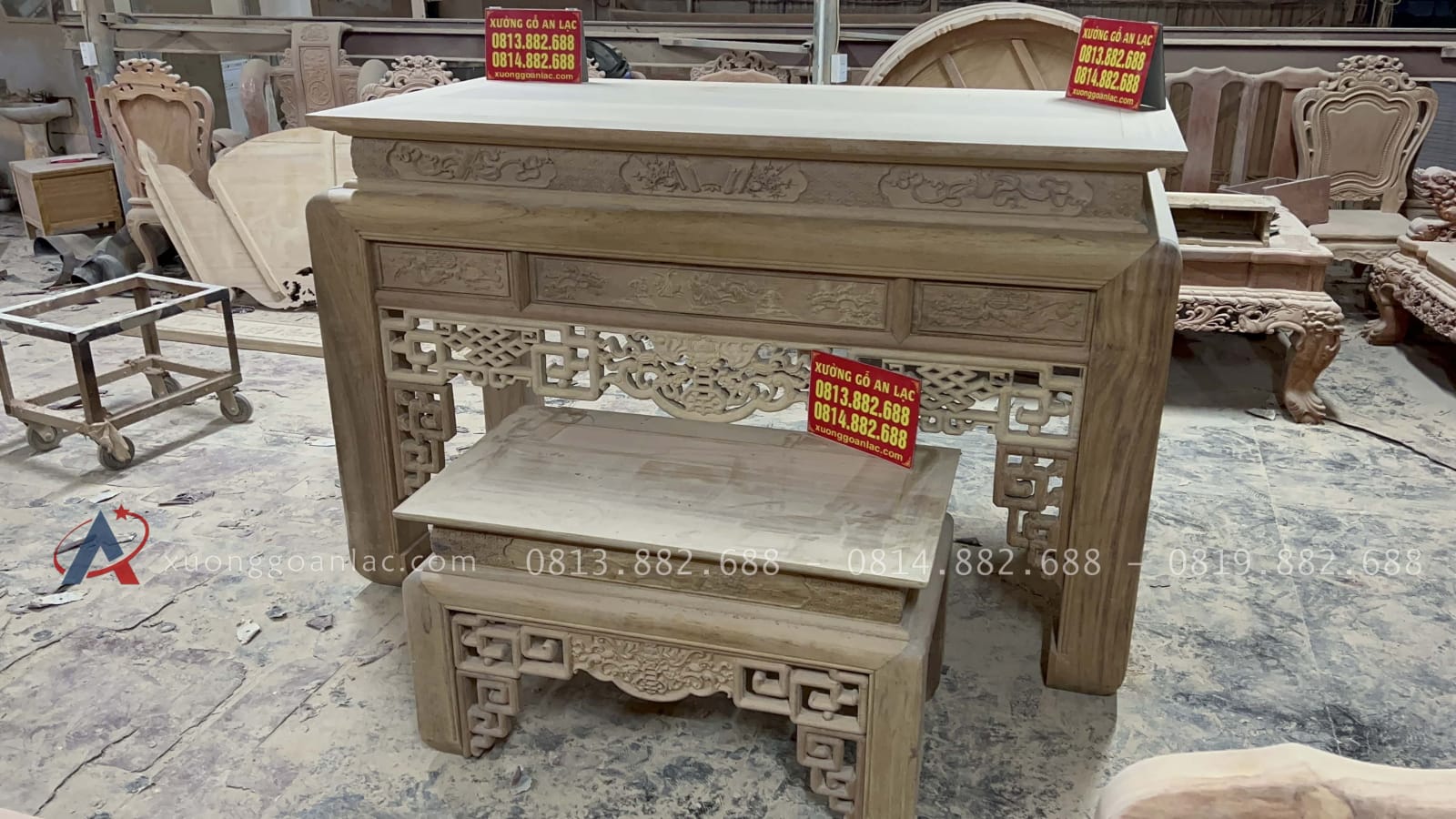 Nguyên mộc Bộ án gian thờ ngũ phúc dài (187 x sâu 97 x cao 127cm) giao Phú Thọ 34 bộ án gian thờ ngũ phúc gỗ gụ Lào