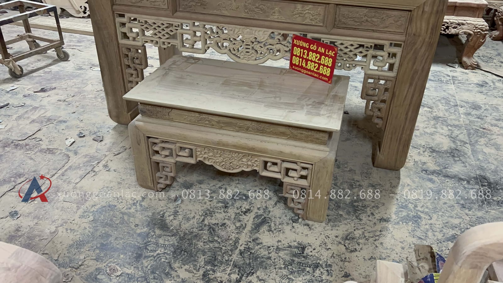 Nguyên mộc Bộ án gian thờ ngũ phúc dài (187 x sâu 97 x cao 127cm) giao Phú Thọ 35 bàn cơm gỗ gụ Lào