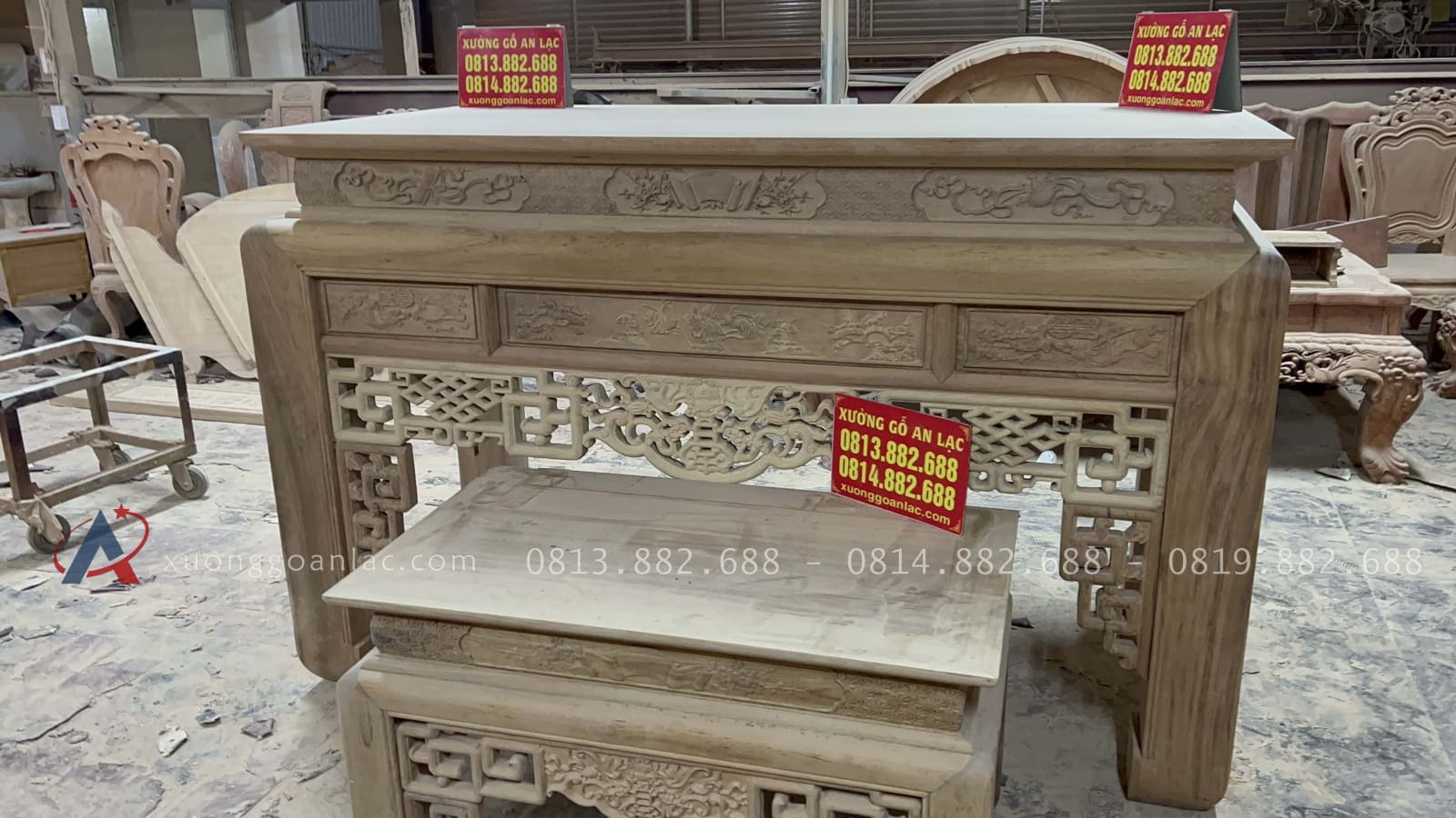 Nguyên mộc Bộ án gian thờ ngũ phúc dài (187 x sâu 97 x cao 127cm) giao Phú Thọ 36 mẫu án gian ngũ phúc đục tay tinh xảo