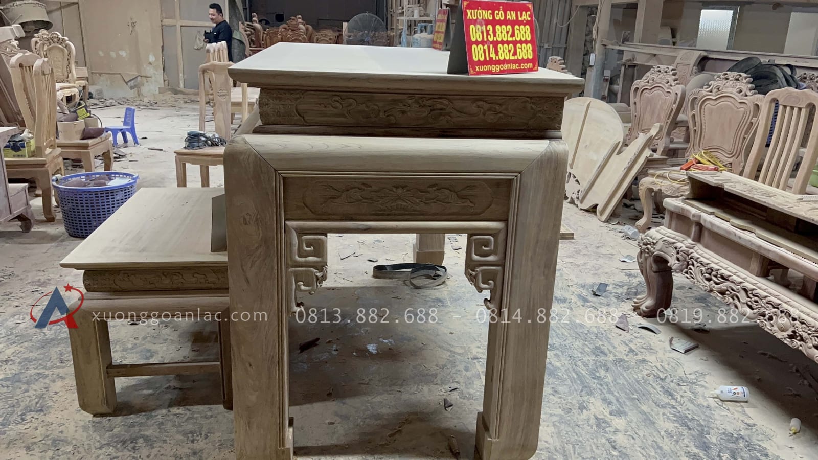 Nguyên mộc Bộ án gian thờ ngũ phúc dài (187 x sâu 97 x cao 127cm) giao Phú Thọ 38 bản mộc mẫu án gian gỗ gụ