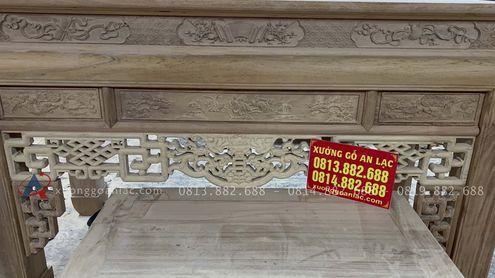 Nguyên mộc Bộ án gian thờ ngũ phúc dài (187 x sâu 97 x cao 127cm) giao Phú Thọ 41 cận cạnh mặt trước của án gian