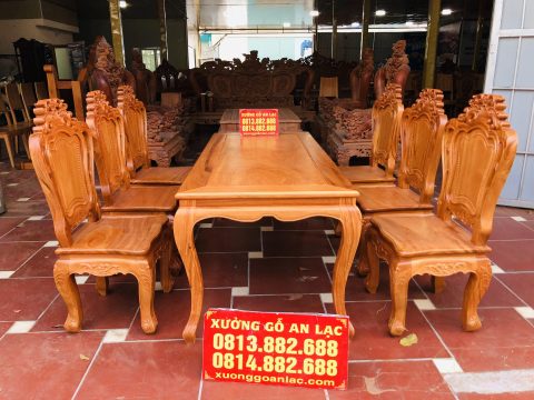 Bàn ăn 6 ghế louis hoa lá tây không tay gỗ gõ đỏ