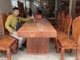 Bàn ăn nguyên khối 8 ghế gỗ hương đá siêu vân