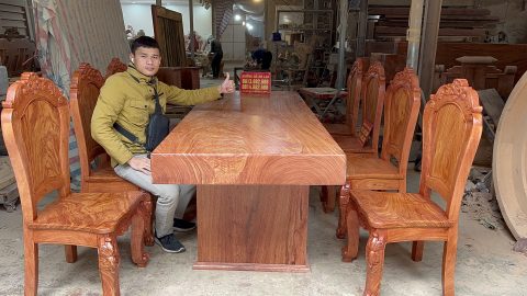Bàn ăn nguyên khối 8 ghế gỗ hương đá siêu vân