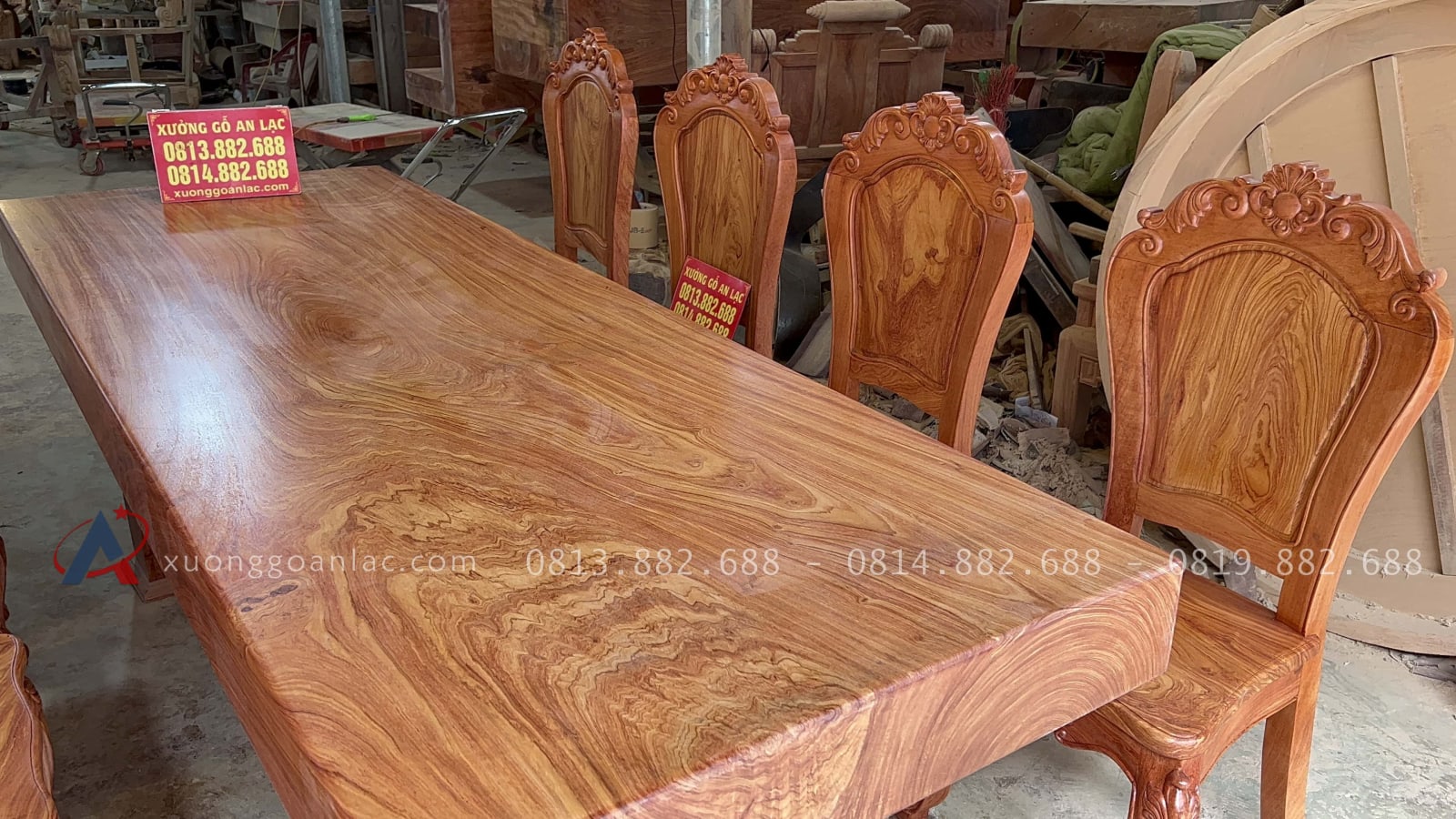 Bộ bàn ăn nguyên khối 8 ghế gỗ hương đá siêu vân (Anh Trường, Hà Nội) 37 bàn gỗ hương đá nguyên khối vân tự nhiên