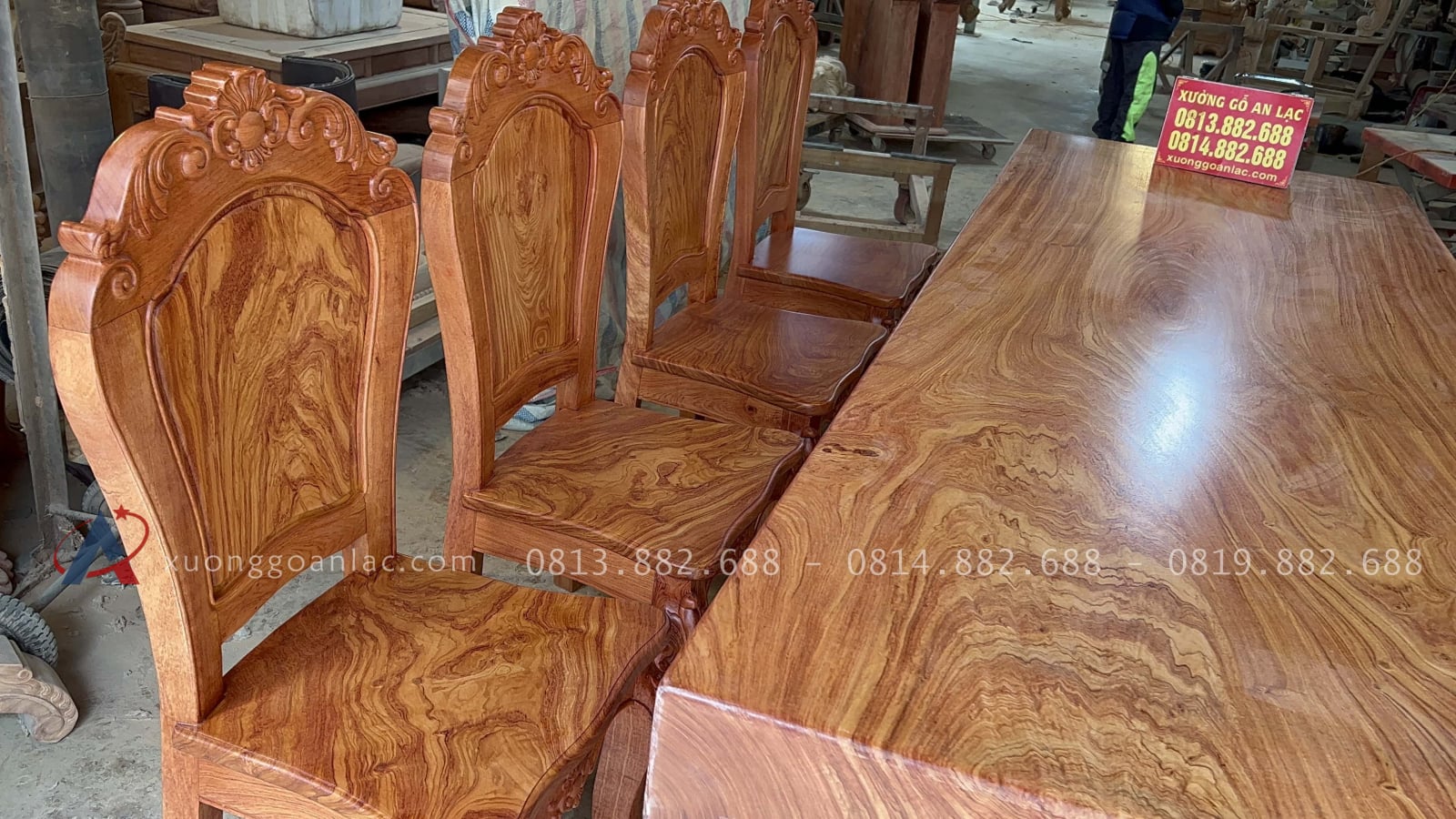 Bộ bàn ăn nguyên khối 8 ghế gỗ hương đá siêu vân (Anh Trường, Hà Nội) 41 bàn ghế ăn gỗ hương đá siêu vân