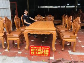 Bộ bàn ăn 8 ghế luois hoa lá tây bọc đệm