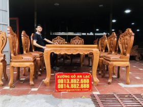 Bộ bàn ăn 8 ghế luois hoa lá tây bọc đệm 11 Bo ban an 8 ghe luois hoa la tay boc dem 2
