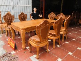Bộ bàn ăn 8 ghế luois hoa lá tây bọc đệm 12 bàn ăn 8 ghế luois gỗ gõ đỏ cao cấp