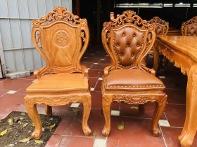 Bộ bàn ăn 8 ghế luois hoa lá tây bọc đệm 13 ghế louis gỗ gõ đỏ cao cấp