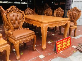Bộ bàn ăn 8 ghế luois hoa lá tây bọc đệm 14 bàn ăn gỗ gõ đỏ cao cấp ghế bọc da