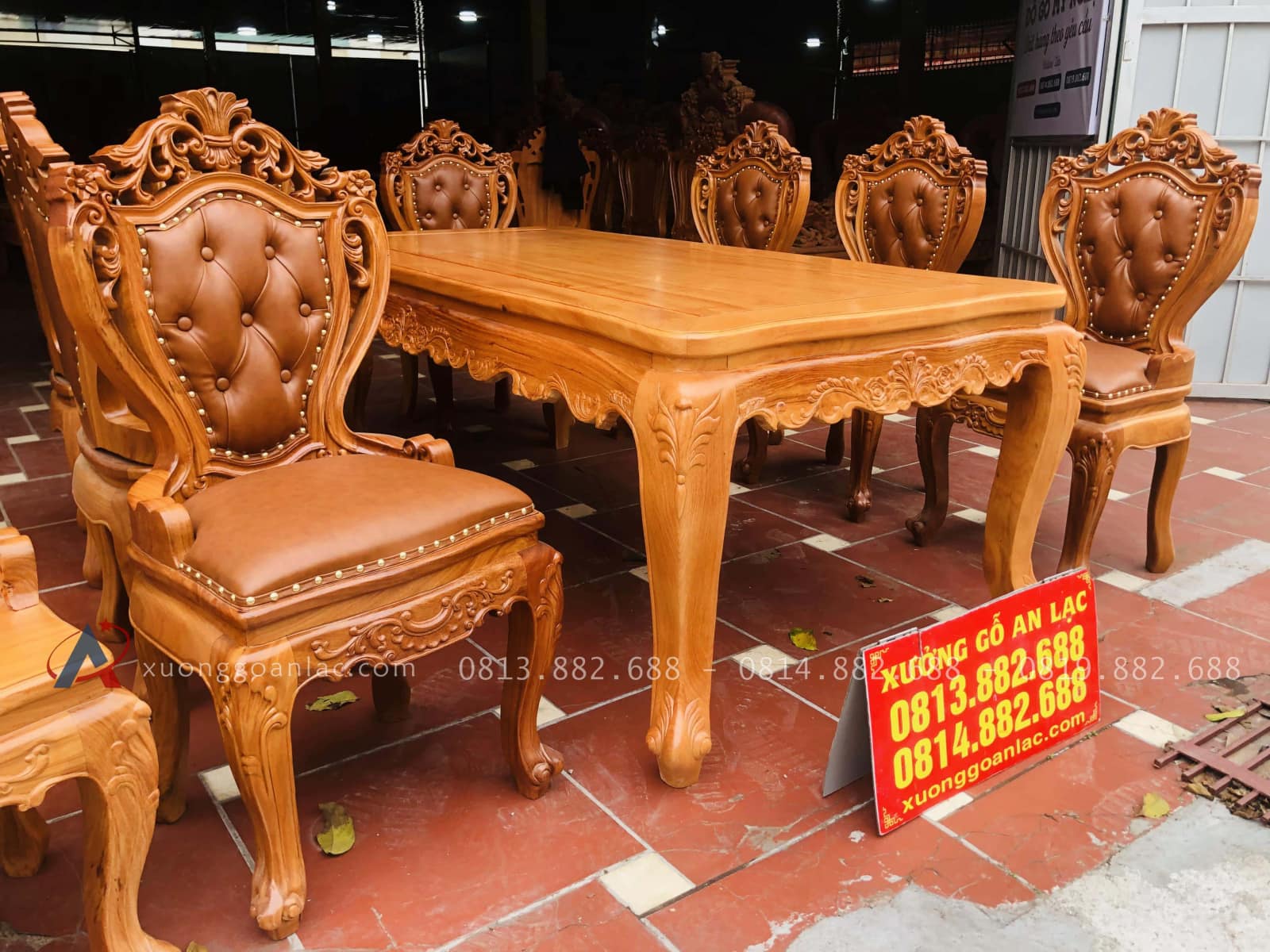 Bộ bàn ăn 8 ghế luois hoa lá tây bọc đệm 19 bàn ăn gỗ gõ đỏ cao cấp ghế bọc da
