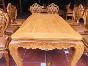 Bộ bàn ăn 8 ghế luois hoa lá tây bọc đệm 15 bàn ăn gỗ gõ đỏ cao cấp