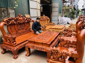 Bộ bàn ghế minh quốc nghê 6 món gỗ hương đá cột 12 chân 14