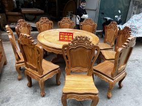 Bộ bàn ăn tròn mâm xoay 10 ghế louis hoa lá tây gỗ gõ đỏ cao cấp 18 bàn ăn tròn đẹp hiện đại