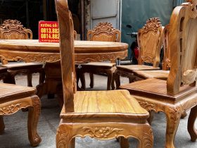 Bộ bàn ăn tròn mâm xoay 10 ghế louis hoa lá tây gỗ gõ đỏ cao cấp 20 mặt nghiêng của mẫu ghế