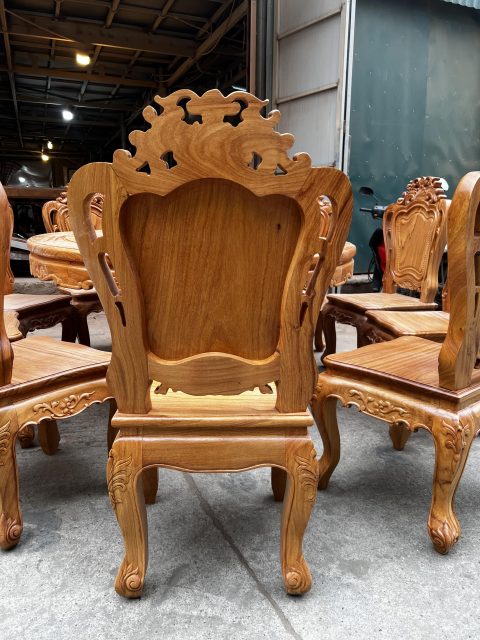 Bộ bàn ăn tròn mâm xoay 10 ghế louis hoa lá tây gỗ gõ đỏ cao cấp 29 ghế ăn gỗ gõ đỏ tự nhiên cao cấp