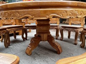 Bộ bàn ăn tròn mâm xoay 10 ghế louis hoa lá tây gỗ gõ đỏ cao cấp 16 bàn ăn tròn gỗ gõ đỏ cao cấp