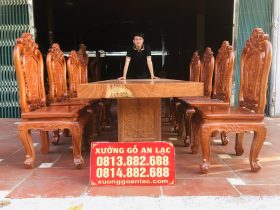 Bộ bàn ăn nguyên khối 8 ghế hồng hạt đục hai mặt gỗ hương đá (Anh Nam, Thái Bình) 15 Bàn ăn nguyên khối 8 ghế hồng hạt đục hai mặt gỗ hương đá