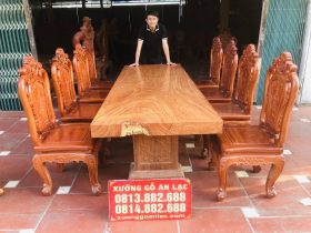Bàn ăn nguyên khối 8 ghế hồng hạt đục hai mặt gỗ hương đá (2)