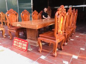 Bộ bàn ăn nguyên khối 8 ghế hồng hạt đục hai mặt gỗ hương đá (Anh Nam, Thái Bình) 17 Ban an nguyen khoi 8 ghe hong hat duc hai mat go huong da 3