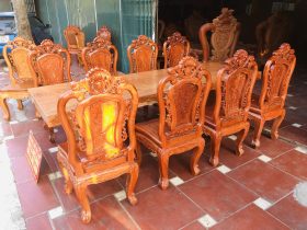 Bộ bàn ăn nguyên khối 8 ghế hồng hạt đục hai mặt gỗ hương đá (Anh Nam, Thái Bình) 18 Ban an nguyen khoi 8 ghe hong hat duc hai mat go huong da 4