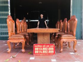 Bộ bàn ăn nguyên khối 8 ghế louis hoàng gia bọc đệm gỗ hương đá (Chị Lan, Thái Nguyên) 12 Bàn ăn nguyên khối 8 ghế luois hoàng gia bọc đệm gỗ hương đá
