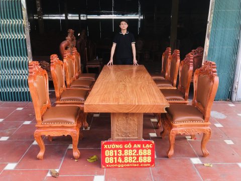 Bộ bàn ăn nguyên khối 8 ghế louis hoàng gia bọc đệm gỗ hương đá (Chị Lan, Thái Nguyên)