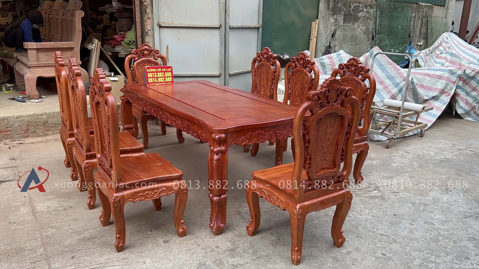 Bộ bàn ăn gỗ hương đá mẫu louis hoàng gia 8 ghế (Bác Bình, Quảng Nam) 34 bàn ghế ăn louis hoa lá tây