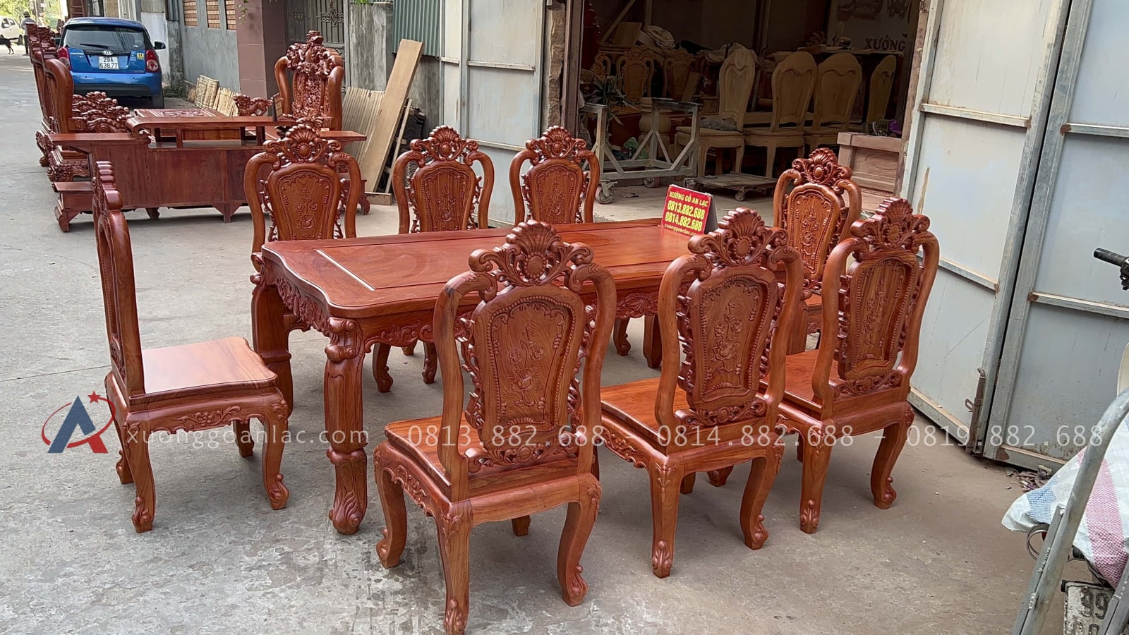 Bộ bàn ăn gỗ hương đá mẫu louis hoàng gia 8 ghế (Bác Bình, Quảng Nam) 38 bàn ăn 8 ghế tiện dụng