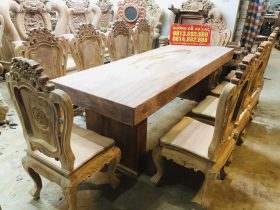 Bộ bàn ăn nguyên khối 10 ghế louis hoa lá tây đục hai mặt gỗ hương đá cao cấp