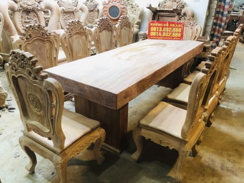 Bộ bàn ăn nguyên khối 10 ghế louis hoa lá tây đục hai mặt gỗ hương đá cao cấp