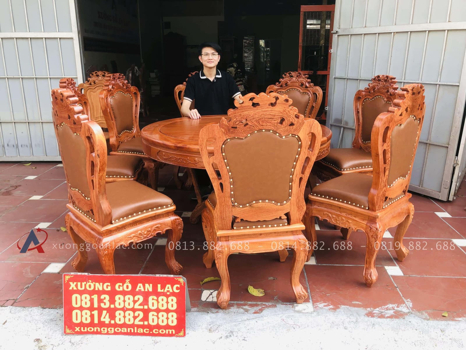 Bộ bàn ăn tròn 8 ghế louis bọc đệm gỗ hương đá (Anh Minh, Nam Định) 15 bàn ghế gỗ hương đá bọc da cao cấp