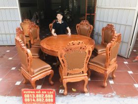 Bộ bàn ăn tròn 8 ghế louis bọc đệm gỗ hương đá