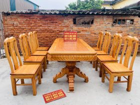 bàn ăn vát góc 8 ghế gỗ gõ đỏ