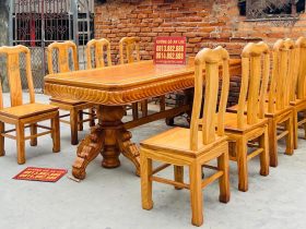 Bộ bàn ăn vát góc kết hợp 8 ghế chữ thọ hàng đặt dày dặn (Chú Tiến, Cần Thơ) 9 bàn ăn gỗ gõ đỏ kết hợp 8 ghế chữ thọ